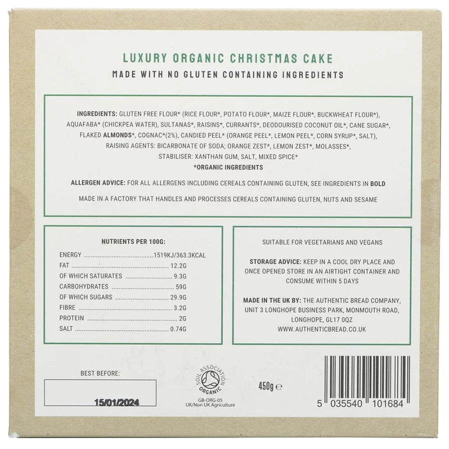 Cartwright & Butler - Luxury Free From Gluten Organic Christmas Cake 450g