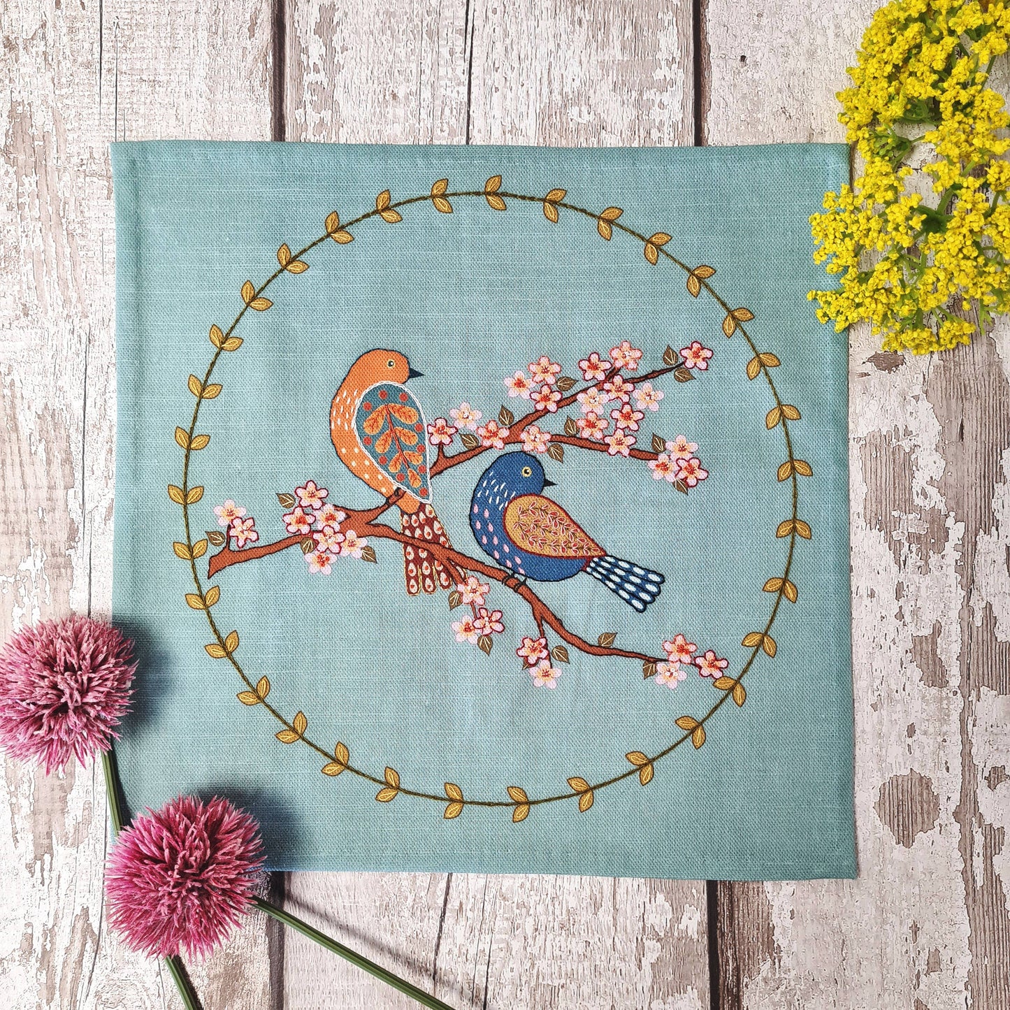 Printed Linen Embroidery Kit Birds & Blossoms